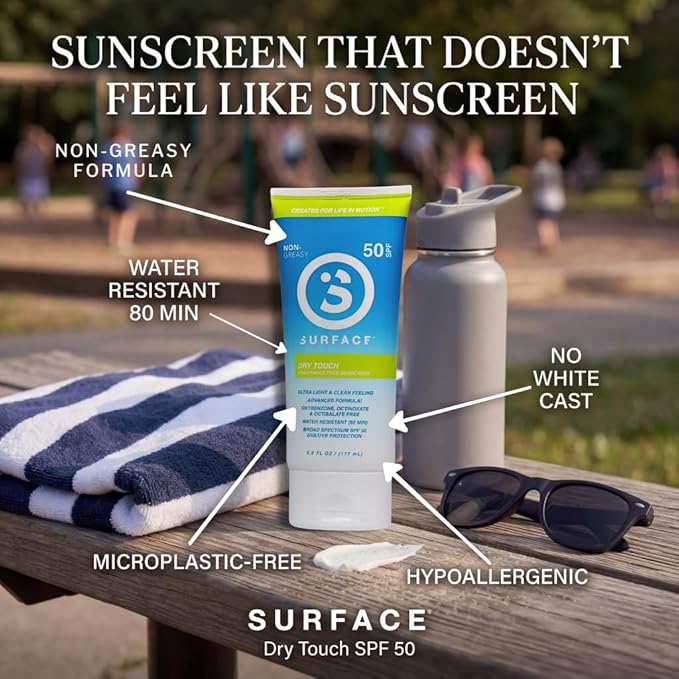 Surface Dry Touch Sunscreen Lotion SPF 50 - Reef Safe, Fragrance Free, PABA Free, Hawaii 104 Compliant - Lightweight Non-Greasy Body Sunscreen for Face and Body, 6 oz