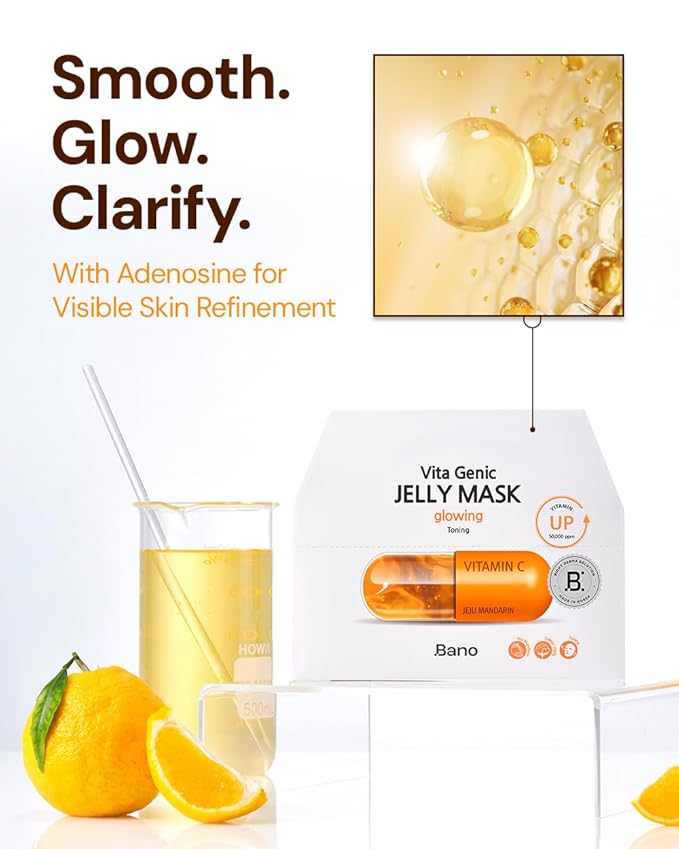 Bano Vita Genic Jelly Face Glowing Mask 10EA – Hydrating Sheet Mask for Sensitive Skin, Korean Glass Skin Care with Vitamin C, Biotin & Niacinamide, Fragrance-Free, Pack of 2