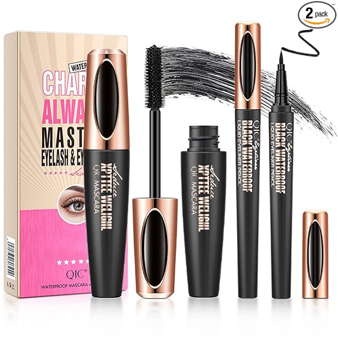 4D Silk Fiber Lash Mascara & Eyeliner Pen, Extension Voluminous Fiber Mascara Waterproof & Smudge-Proof Eyeliner, Long-Lasting No Flaking Natural No Clumping, All Day Exquisitely Full
