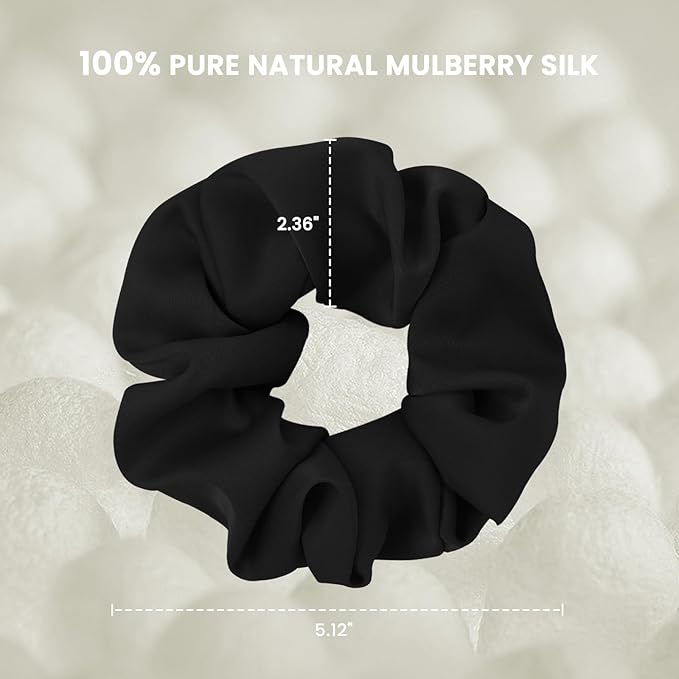 Silk Hair Scrunchies for Women, 100% Mulberry Silk Hair Ties, No Damage for Curly Hair, Large Scrunchie for Sleep, 1-Pack, Balck, L