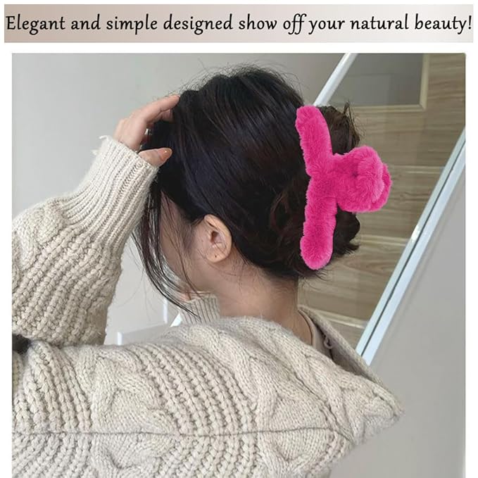 Sokfone 2 Pack Fuzzy Hair Clips, Large Nonslip Fuzzy Claw Clip for Thick Hair Fur Hair Clips for Women and Girls (Rose Red, Purple）
