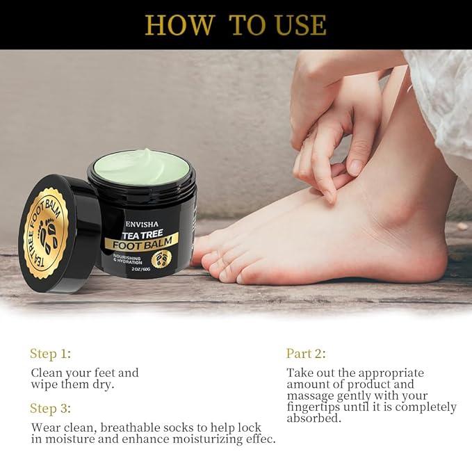 Tea Tree Oil Foot Balm for Cracked Heels - Extra Strength Moisturizing Cream for Dry Feet, Hands, Elbows and Knees - Softens Rough Skin, 2 oz