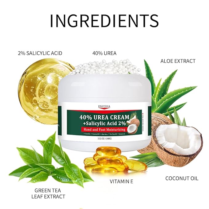 40% Urea Cream for Dry Cracked Feet- Maximum Strength Foot & Hand Moisturizer with 2% Salicylic Acid, Tea Tree, and Aloe Vera | Deep Hydration & Softener for Feet Care
