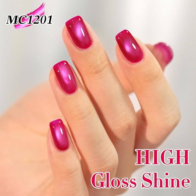 Double Rhythm 15ML Jelly Glass Cat Eye Gel Polish with Magnet Holographic Glitter Shimmer Translucent Sheer Color Salon Soak Off Magnetic Nail at Home (Magenta-MC1201)