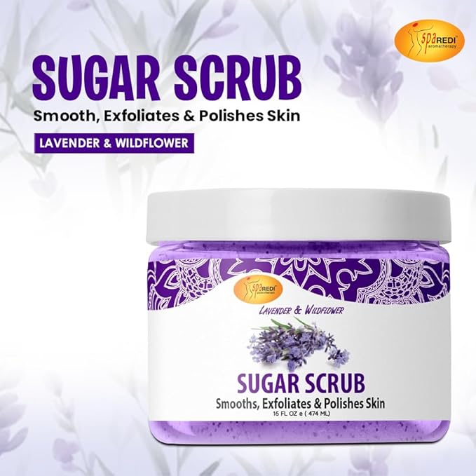 SPA REDI Sugar Scrub - Lavender and Wildflower - 16 Oz - Exfoliating, Moisturizing, Hydrating and Nourishing, Glow, Polish, Smooth and Fresh Skin - Body Exfoliator