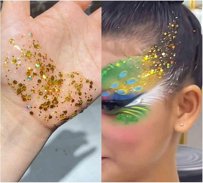 Body Glitter Gel, Mardi Gras Chunky Face Glitter Mermaid Sequins, Sparkly Hair Glitter,Singer Concert Festival Rave Accessories, Halloween Body Painting (#02 Gold)