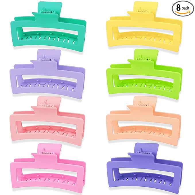 8PCS 5 Inch Extra Large Square Hair Clips, Matte Rectangular Claw Hair Clips for Women Girls, Strong Hold XL Jumbo Hair Clamps, Hair Accessories for Thick Long Curly Hair, 8 Colors