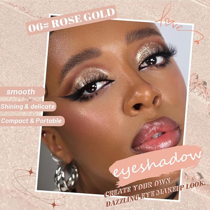 Pressed Single Eyeshadow Makeup, Sparkle Highly Pigmented Monochrome Eye Shadow Palette, Waterproof Neutral Powder, sombras para ojos, Lightweight Blendable, #04 Rose Gold+#06 Champagne Gold