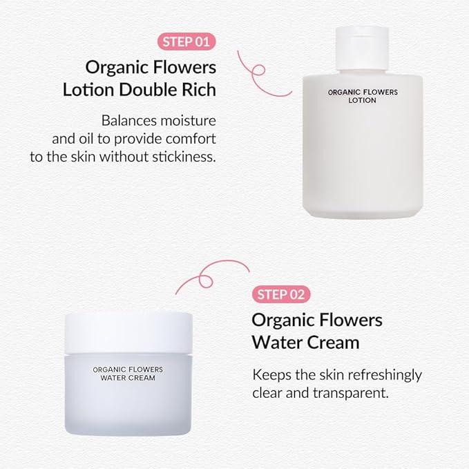 Whamisa Organic Flowers Water Cream, 95.2% Organic, Waterless Formula, Fermented Ingredient Formula for Deep Hydration & Calming Care, Moisturizing, Korean Skin Care (50ml)