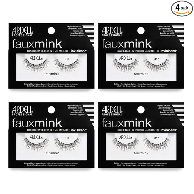 Ardell Faux Mink Lashes 817 Black - Lightweight, Reusable False Eyelashes, Comfortable Invisiband for All-Day Wear, 4 Pack