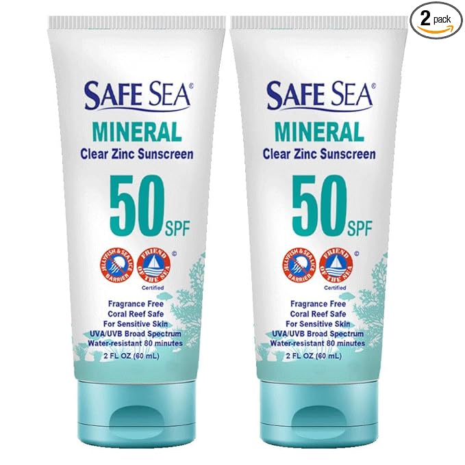 Safe Sea Zinc Oxide Sunscreen SPF50 | Clear Mineral Face Sunscreen Without White Cast | Anti-Jellyfish Sting Protective Lotion | Coral Reef Safe | Travel Size - 2Oz (60ml), Pack of 2