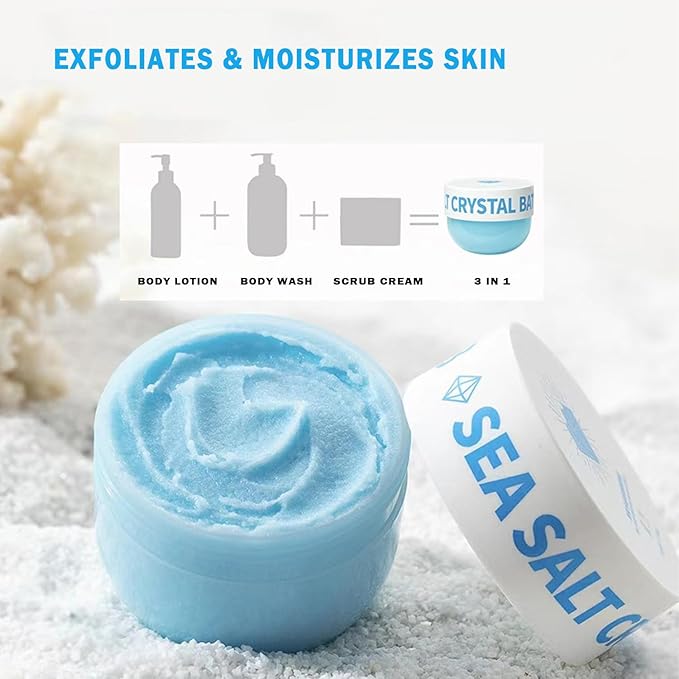 sea salt crystal bath scrub Body Scrub for Dull Skin Illuminating and Skin Care Sea Salt Deep Cleansing Natural Exfoliating Salt Scrub 6.4 oz blue SU-010