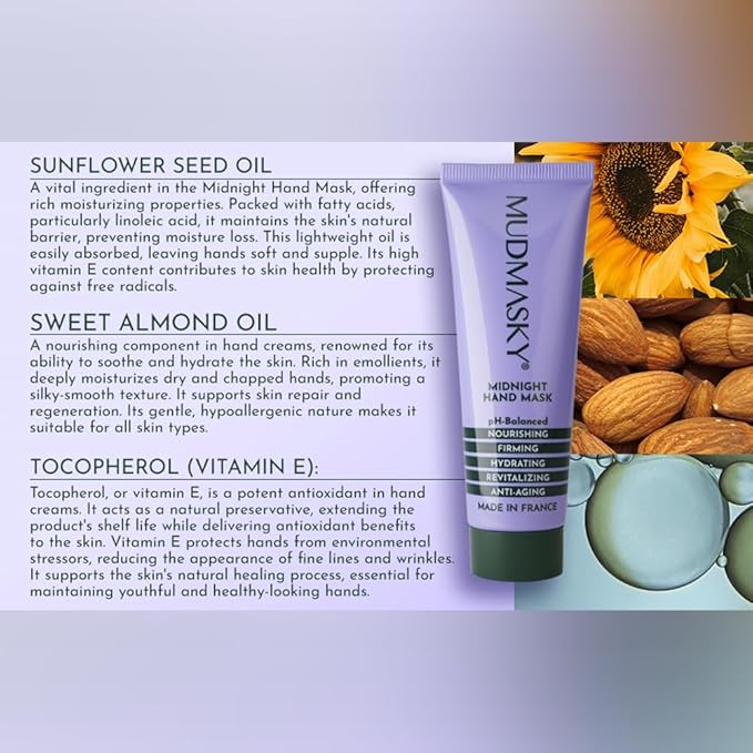 MUDMASKY Midnight Hand Mask 40ml - Fast-Absorbing, Non-Greasy Moisturizer for Hydrated Hands - Anti-Aging with Vitamin E, Sunflower & Almond Oils - Vegan Formula - Lavender Scent - Made in France