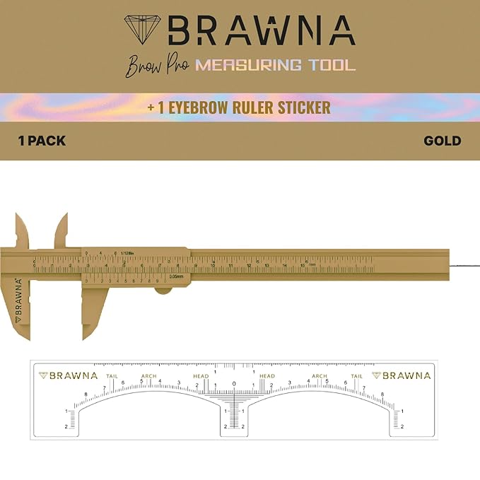BRAWNA Brow Pro Measuring Tool - Double Scale Eyebrow Ruler for Microblading, Brow & Makeup Artists - Eyebrow Caliper Ruler Plastic- Gold