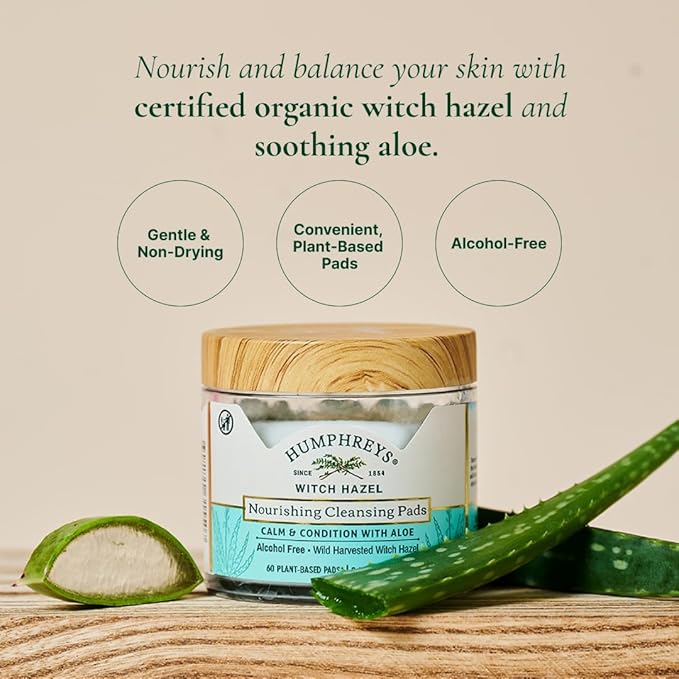 Humphreys Witch Hazel Nourishing Cleansing Pads | Wild Harvested Witch Hazel & Aloe | Hydrating, Natural Alcohol-Free Formula | 60 Rounds