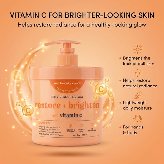 My Beauty Spot Vitamin C Hand Cream with Pump – Restore & Brighten Moisturizing Hand Lotion for Extremely Dry Cracked Hands, Non-Greasy Body Moisturizer & Hand Cream for Women - (16.9 fl oz)