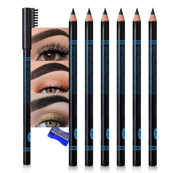 WanTuoluo Eyebrow Pencils for Women with Sharpener, 6Pcs Hard-Core Wooden Eye Brow Eye Liner Pencils for Beginner Makeup, Waterproof & Sweat-Proof (Brown-6Pcs)