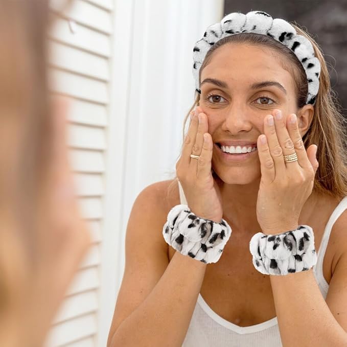 Tetizo Spa Headbands for Washing Face Wristband Set Sponge Makeup Skincare Headband Wrist Towels Bubble Soft Terry Towel Cloth Hairband for Women Puffy Headwear Non Slip Thick Thin Hair Headwear