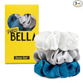 PARISBELLA Silky Satin Scrunchies For Women, Satin Hair Ties for Thick and Thin Hair, White Grey and Blue, Pack of 3