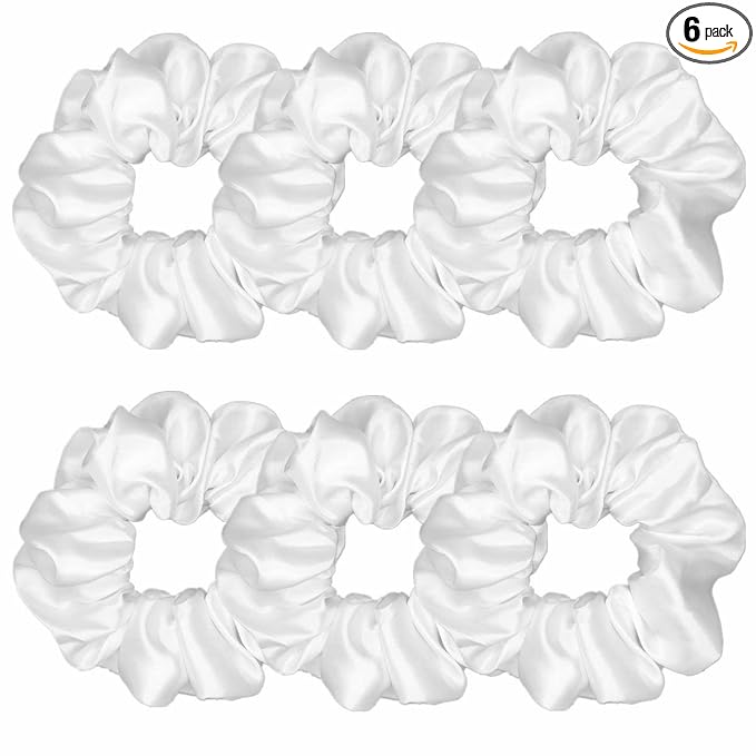 6 Pcs Satin Silk Scrunchies - Soft Hair Ties, Fashion Hair Bands, Bows, Elastic Bracelets, Ponytail Holders Hair Accessories for Women and Girls (4.5 Inch, Pure White)
