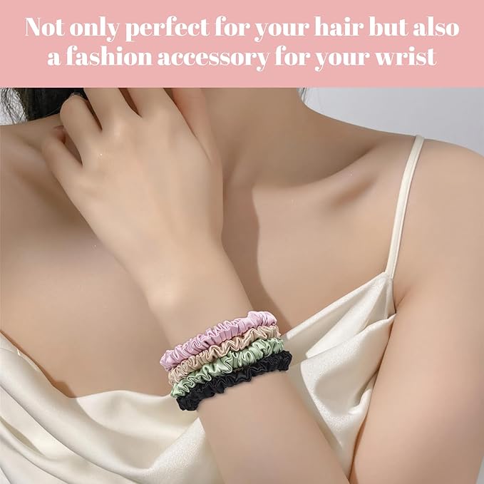 Scrunchies Hair Ties Silk Satin Scrunchy, WantGor Women 4PC Pure Mulberry Silk Skinny Elastic Scrunchies Hair Bands Bracelets Ponytail Holders Hair Accessories (Black,Champagne,Pink,Green)
