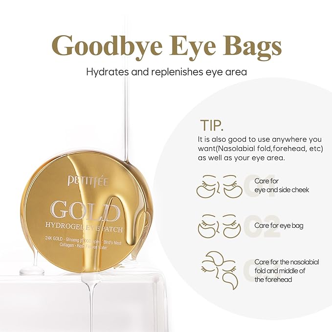 Petitfee Gold Hydrogel Eye Patch 60ea (30pairs) - 24k Gold Eye Mask for Moisturizing, Glowy Skin, Hydrating, Skin Elasticity, Youthful Complexion, Ginseng, Collagen