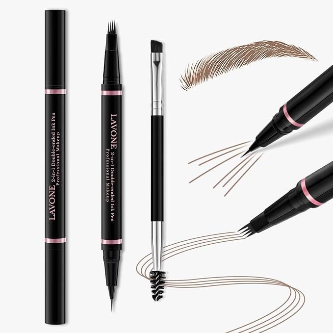 Eyebrow Pencil, 2-in-1 Waterproof Eyebrow Pen with 4 Tip Brow Pen and Ultra-Precise Brow Pencil, with Dual-ended Eyebrow Brush, Eyebrow Makeup for Natural Looking Eyebrows - Brown