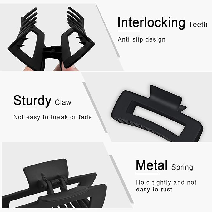 Big Hair Claw Clips for Women Girls, 4.2" Matte Rectangle Hair Clips for Thick and Thin Hair, Nonslip Hair Cutcher Jaw Clamps (Black&Tortoise)