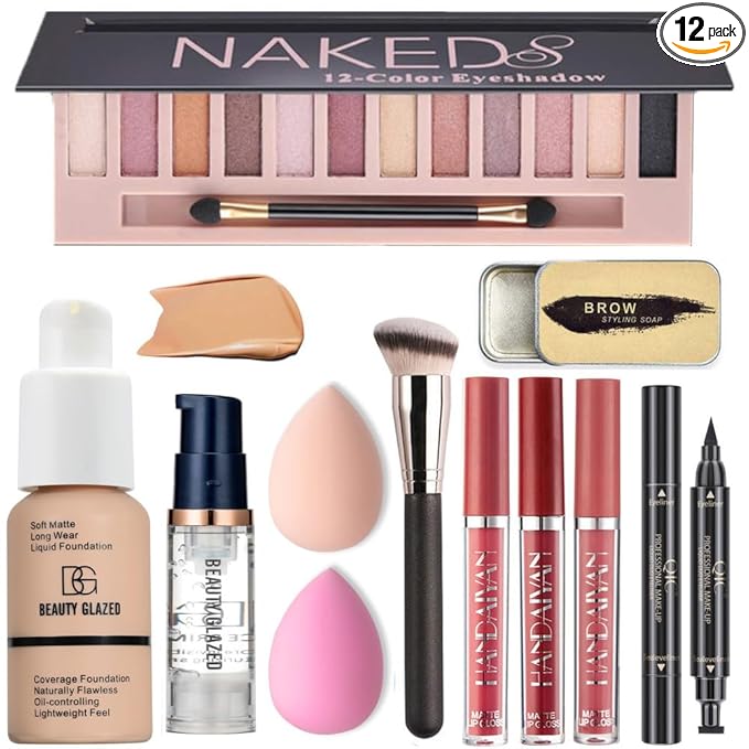 All in One Makeup Kit for Women Full Kit – 12 Color Shimmer Eyeshadow Palette, Buff Beige Foundation, Liquid Lipsticks, Face Primer, Brow Soap, Winged Eyeliner Stamp, Makeup Brush & Sponges Gift Set