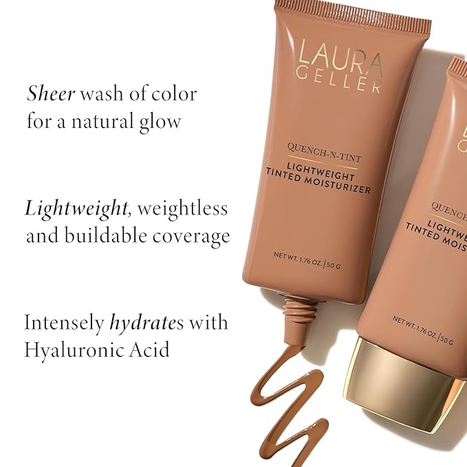 LAURA GELLER NEW YORK Quench-n-Tint Tinted Moisturizer - Sheer to Light Buildable Coverage - Natural Glow Finish - Lightweight Formula with Hyaluronic Acid, 01 Porcelain/Fair