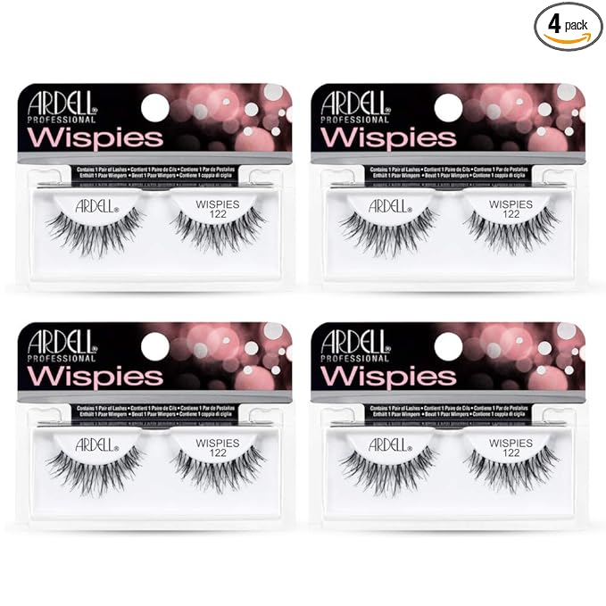 Ardell False Eyelashes Wispies, 122 - Black, Natural-Looking Lightweight Strip Lashes, Easy to Apply, Perfect for Everyday or Glam Looks, 4 Pack