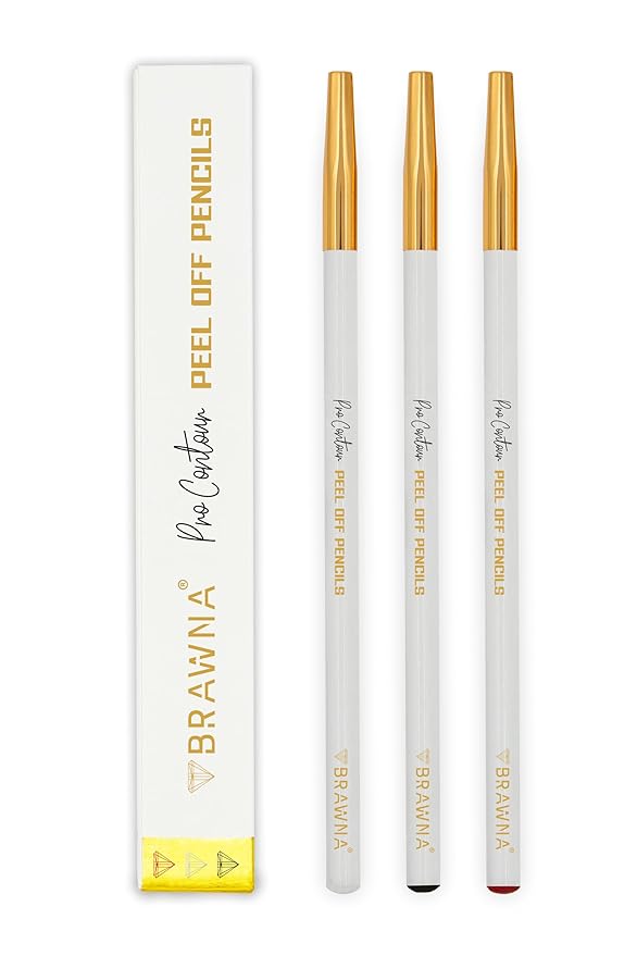 BRAWNA 3 Pcs Pro Contour Peel-Off Pencils - White, Black & Red - Wax Mapping Pencils for PMU, Microblading & Brow Artists - Precision Pre-Draw, Symmetry Mapping & Design Outlining - Long-Lasting