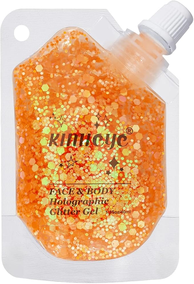 Face Body Glitter Gel Shimmer Makeup for Hair Clavicle Arm Nail Eyeshadow, Long Lasting Waterproof Holographic Mermaid Sequins for Outfit Rave Festival Party, 1.35oz, Luminous Orange