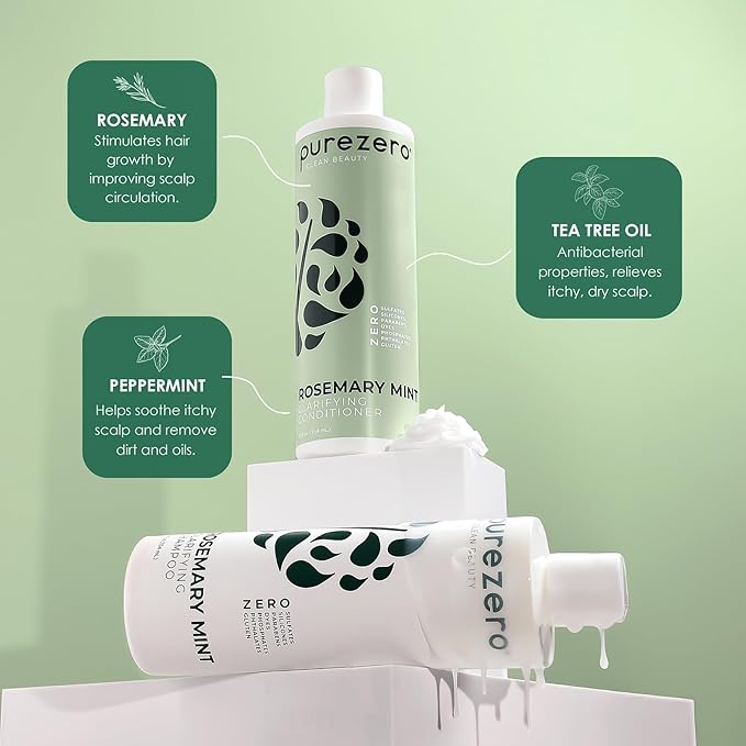 Purezero Rosemary Mint Clarifying Silicone Free Shampoo & Conditioner Set – Vegan Duo for Balanced Scalp, Build-Up Removal & Fresh Minty Finish – Sulfate-Free, Paraben-Free, Cruelty-Free, 2×12 oz