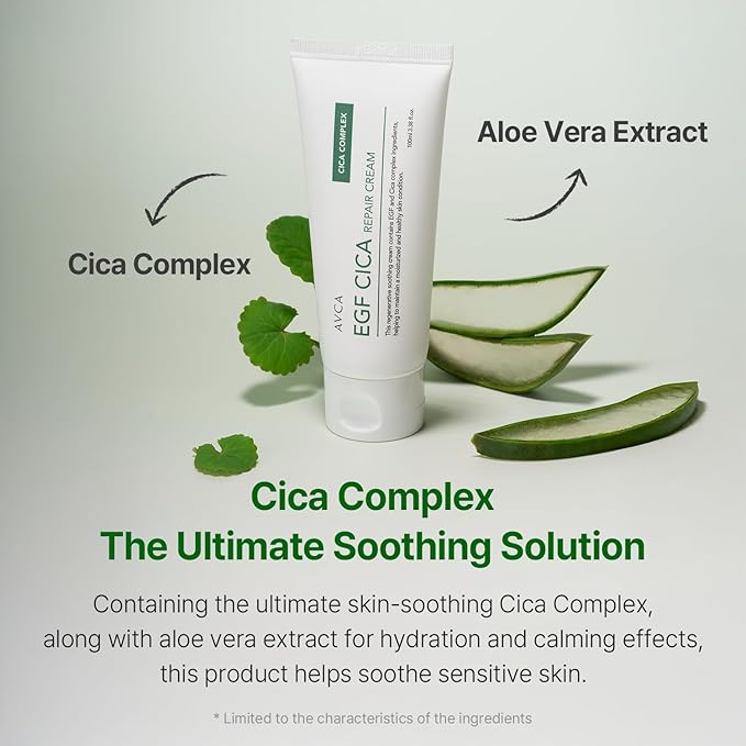 AVCA EGF Cica Repair Cream 100 mL (3.38 fl oz) – Fragrance-Free Moisturizer for Sensitive Skin with Centella & Aloe, Fast-Absorbing, Dermatologist-Tested, K-Beauty
