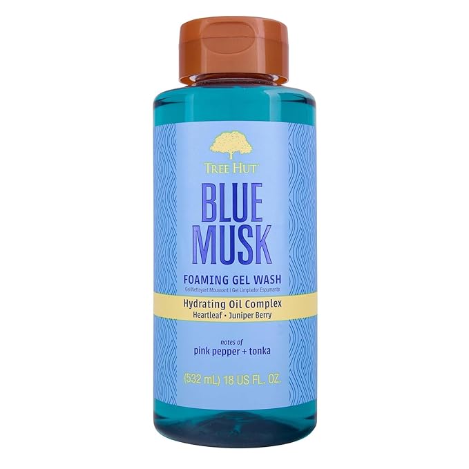 Tree Hut Blue Musk Foaming Gel Wash, Hydrating & Moisturizing Body Wash with Shea Butter & Nourishing Essential Oils, Daily Cleanser for Soft Smooth Skin, 18 fl oz
