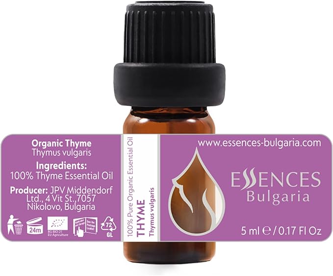 Essences Bulgaria Organic Thyme Essential Oil 1/6 Fl Oz | 5ml | Thymus vulgaris | 100% Pure and Natural | Undiluted | Therapeutic Grade | Family Owned Farm | Steam-Distilled | Non-GMO | Vegan