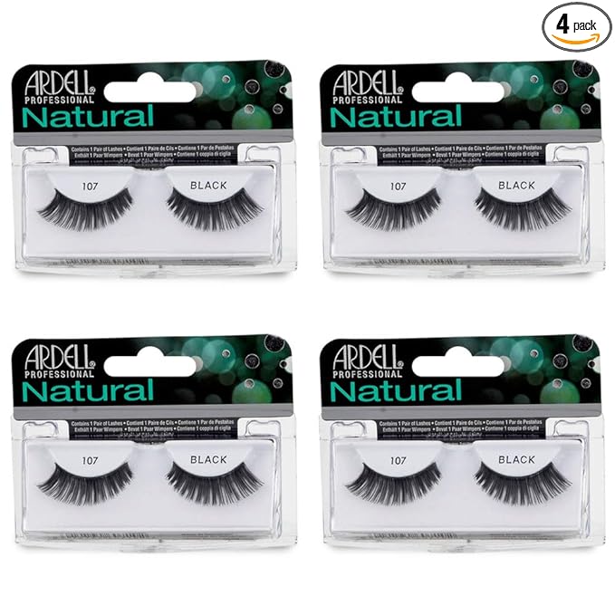 Ardell False Eyelashes 107 - Black, Natural Look Strip Lashes, Long-Lasting Wear for Everyday Use, 4 Pack
