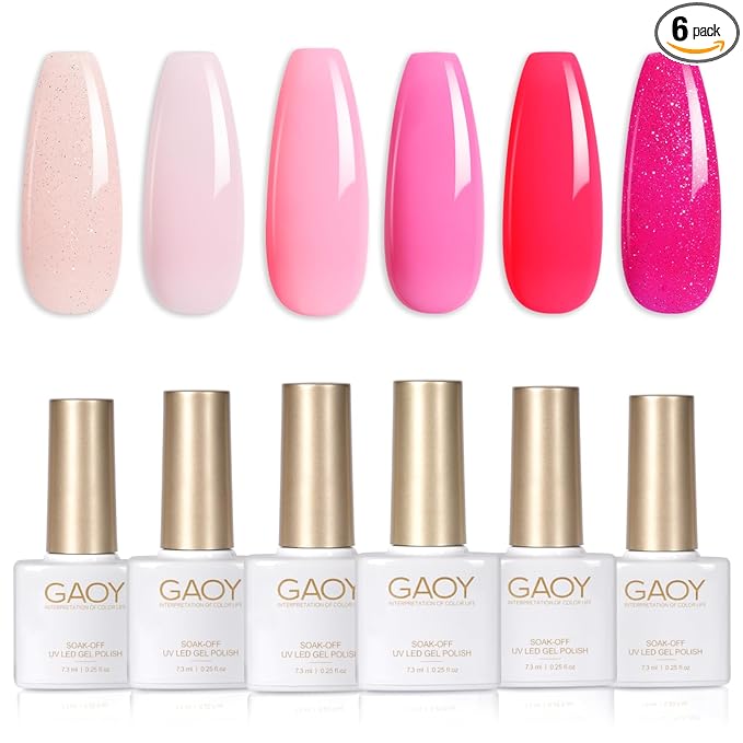 GAOY Pink Glitter Gel Nail Polish Set, 6 Colors Nude Neon Sparkle Soak Off UV Light Cure Gel Polish Kit for Salon and Nail Art DIY at Home