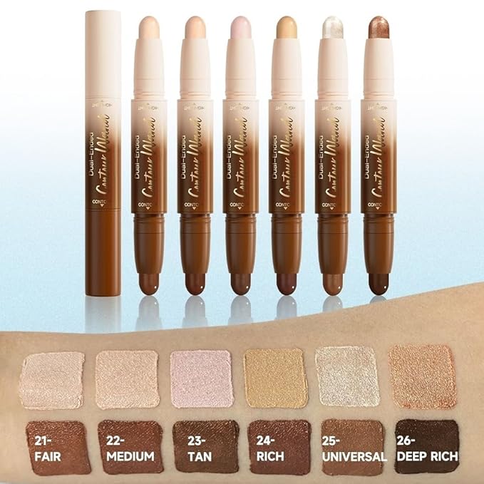 FeiCuiYun 2Pcs Dual-Ended 2-in-1 Cream Contour & Highlighter Stick Makeup For Face & Body – Waterproof, Long-Lasting, Suitable for All Skin Tones, (05+06)