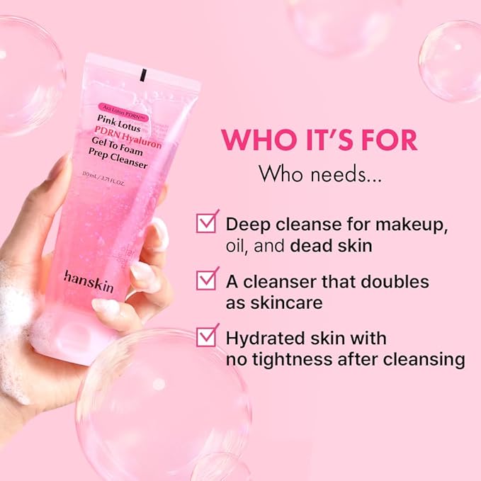 Hanskin PDRN Hyaluron Gel-to-Foam Prep Cleanser – 200,000ppm Vegan Pink Lotus PDRN Face Wash | Hydrating Low pH Cleanser for Glass Skin Glow, Smooth & Refined Skin | Korean Skincare 3.71 fl. oz.