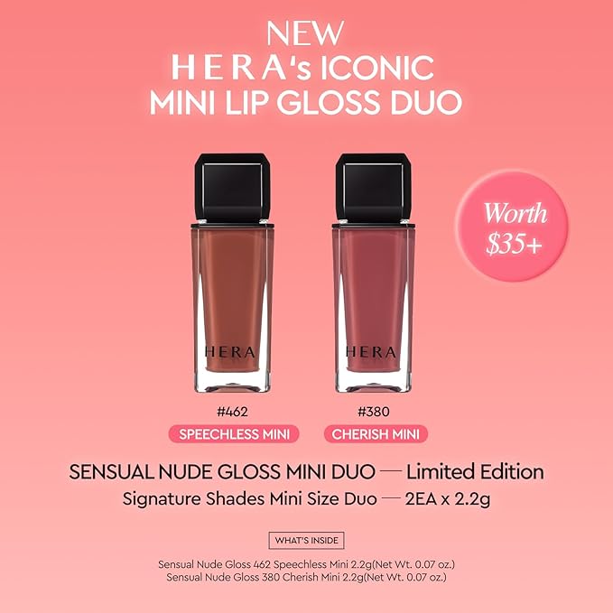 HERA Sensual Nude Lip Gloss Mini Duo #462 SPEECHLESS + #380 CHERISH | Volumizing Sheer & Glossy Finish, Non-sticky, Moisturizing and Hydrating, Signature Shades, Mini Size Duo for Gift, 0.07 oz.× 2EA