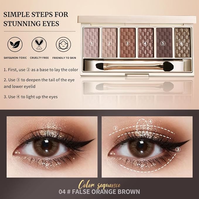 Gold Brown Matte Shimmer Eyeshadow Palette, 6 Color High Pigment Blendable Eye Shadow Makeup for Older Women, Lightweight Travel Size, Suitable for All Eye Shapes, Glam Highlight Look Vegan 05#