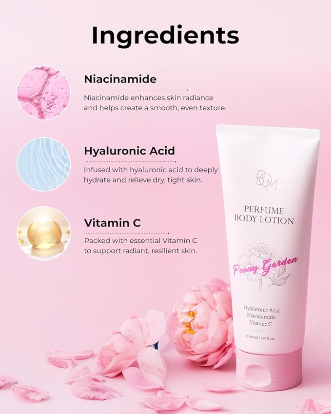 BOM Peony Garden Perfume Body Lotion 6.76 Fl Oz, Floral Scented Body Cream with Hyaluronic Acid, Niacinamide & Vitamin C, Long-Lasting Moisture & Fragrance, Non-Sticky & Smoothing, Korean Skincare
