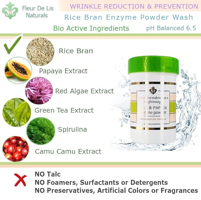 Rice and Papaya Enzyme Powder (water-activated) - All Natural Daily Exfoliant - Pore purifying, anti-aging, ingredients; fights wrinkles, acne scars, dry skin - Madagascar Vanilla - 2.1 oz