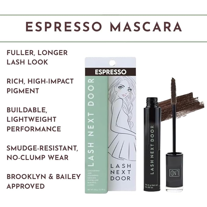 Lash Next Door Espresso Brown Volumizing Mascara, Lengthening No-Clump Formula, Smudge-Proof Makeup for Eyes, 2 Pack, 0.39 oz Each