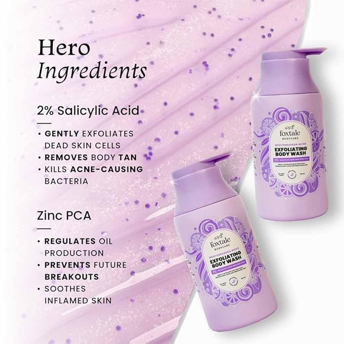 Fox,tale,# ..2% Salicylic Acid Exfoliating Body Wash with Zinc PCA | Reduces Body Acne, Straw-berry Skin & Ingrown Hair | Texture in 28 Days | Body Wash for Men & Women | Shower Gel | 250 ml