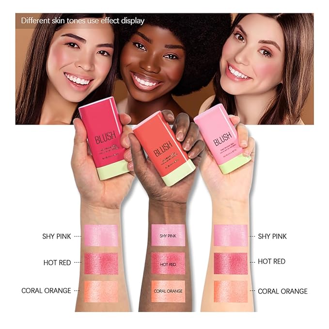 FYEBOO Multi-Use Makeup Blush Stick, Cream Blush Stick, Tinted Solid Moisturizer Stick for Cheek & Eyes & Lips, Waterproof Natural Nude Makeup, Suitable for All Skin (2#Hot Red)