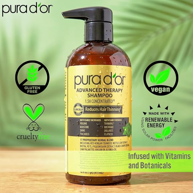 PURA D'OR 16 Oz Advanced Therapy Shampoo Reduces Hair Thinning & Increases Volume, No Sulfate, Biotin Shampoo Infused with Argan Oil, Aloe Vera for All Hair Types, Men & Women