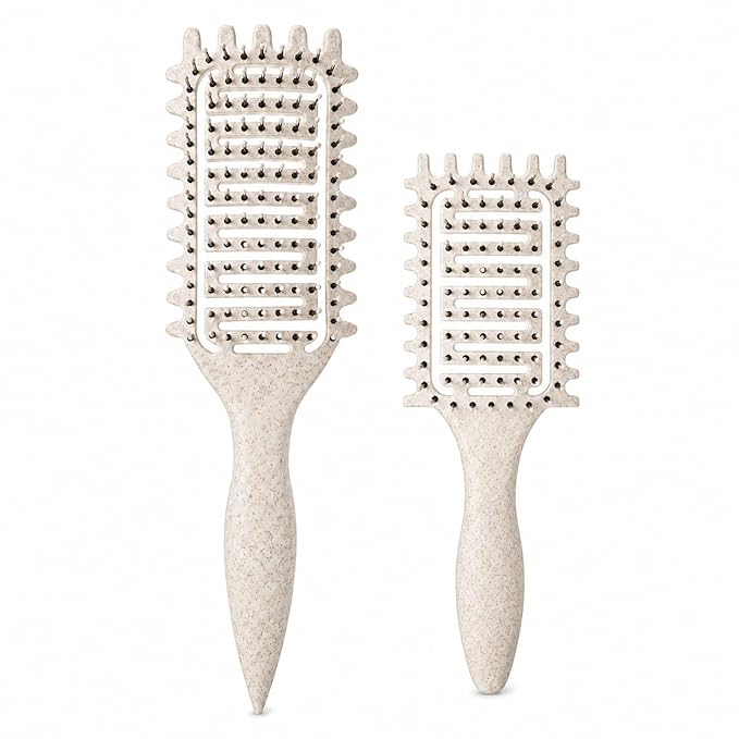 Curl Defining Brush for Curly Hair, Vented Detangling Hair Brush for Wet and Dry Styling, Curved Brush for Shaping and Smoothing Curl Clumps, Lightweight Hair Brush (2Pcs Beige)